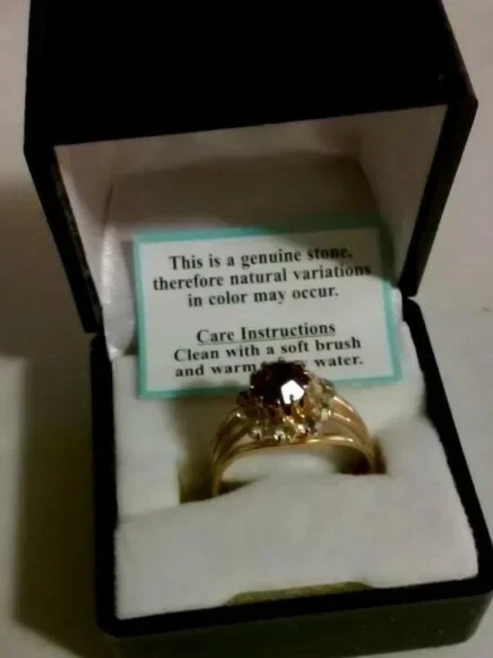 Gold Ring Genuine Stone and 10 Clear CZ Stones Adjustable In Box Has BeenWorn - Picture 1 of 4
